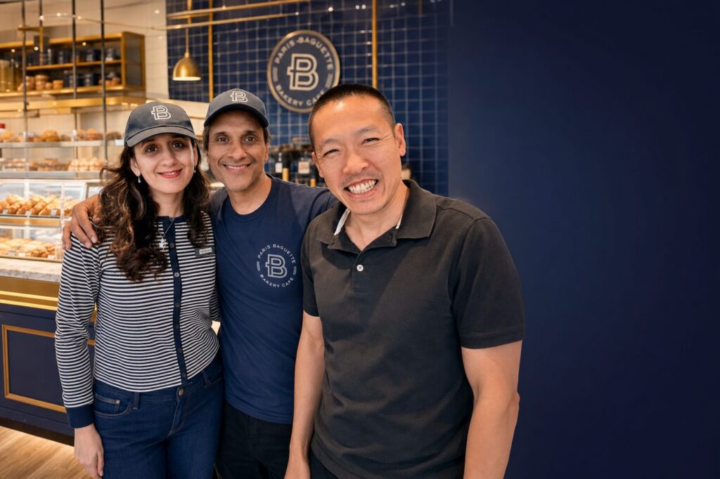 Editorial featured image showing Di Tran with the owner couple at Louisville’s first Paris Baguette in Kentucky, celebrating immigrant family entrepreneurship and small business support.