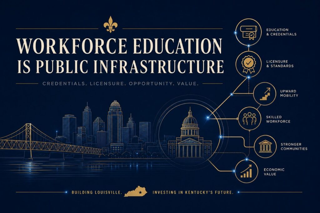 Public-policy style infographic showing workforce education as infrastructure for economic mobility.