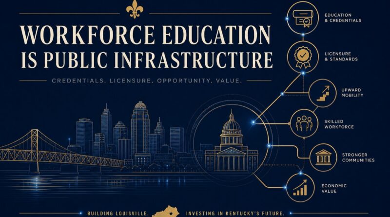 Public-policy style infographic showing workforce education as infrastructure for economic mobility.