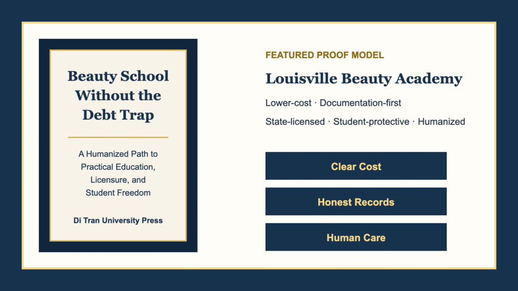 Policy-oriented editorial card for Beauty School Without the Debt Trap featuring Louisville Beauty Academy as a proof model.