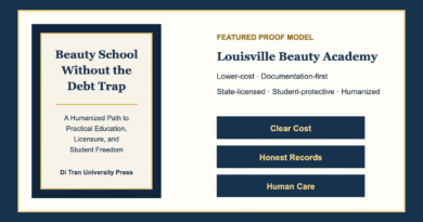 Policy-oriented editorial card for Beauty School Without the Debt Trap featuring Louisville Beauty Academy as a proof model.