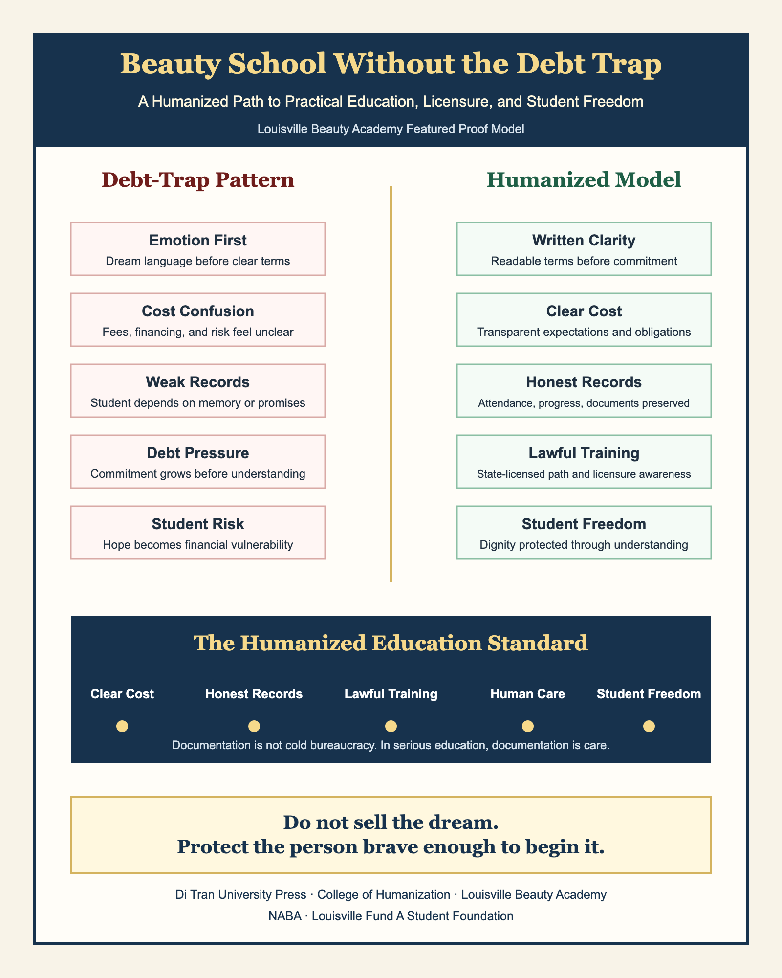 Infographic explaining a humanized alternative to beauty-school debt-trap patterns.