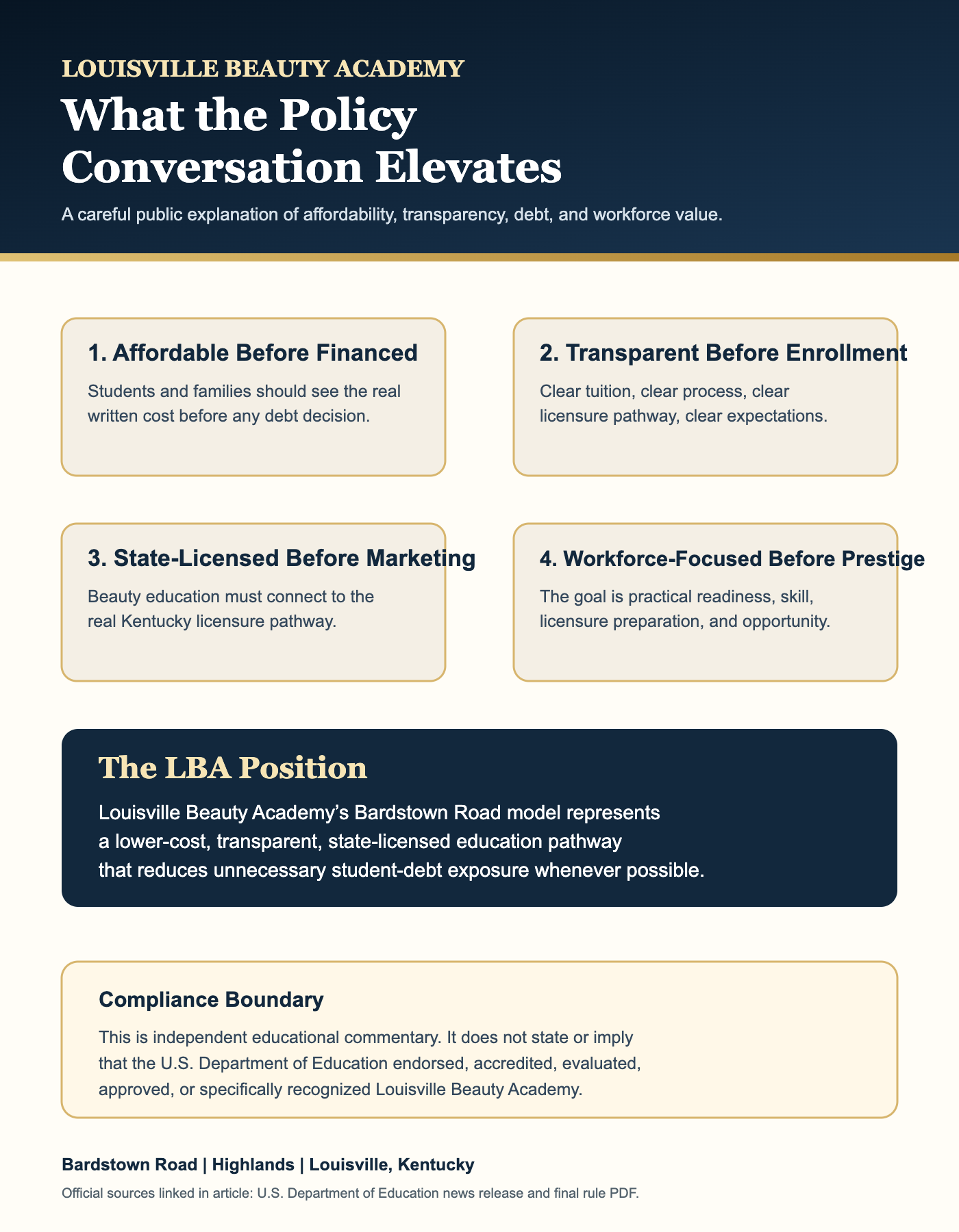 Infographic explaining Louisville Beauty Academy's careful public position on affordability, transparency, state licensure, workforce preparation, and compliance boundaries.