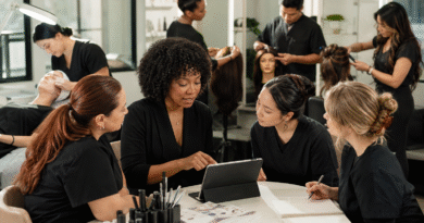 Modern beauty education training environment showing multiple specialized career pathways including nails, skincare, hair, and student guidance.