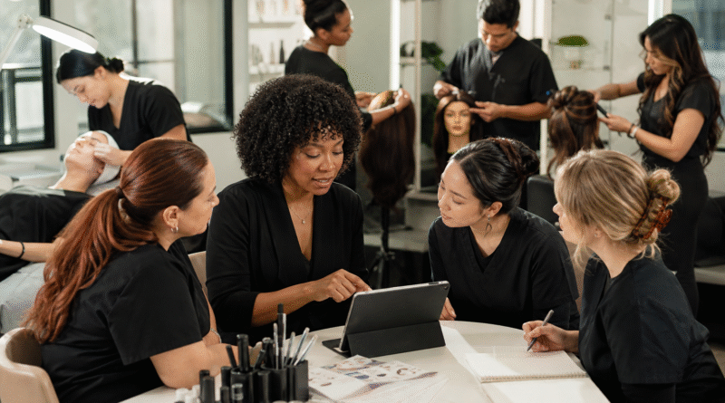 Modern beauty education training environment showing multiple specialized career pathways including nails, skincare, hair, and student guidance.