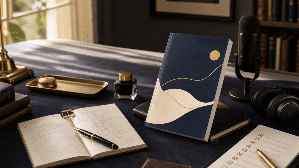 Premium book release image for Make Yourself Proud with book, notes, microphone, and headphones.
