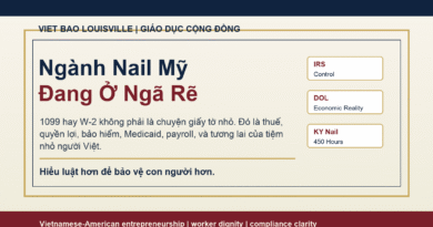 Vietnamese and English education graphic about the U.S. nail industry crossroads around 1099, W-2, tax, Medicaid, payroll, and small salon compliance