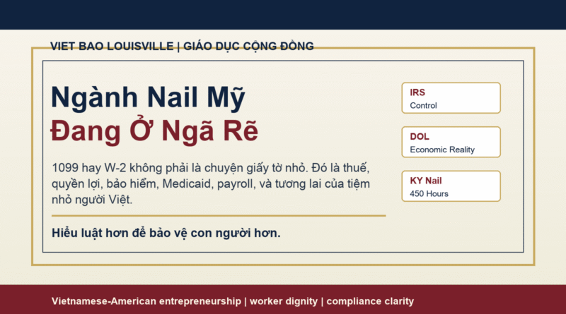 Vietnamese and English education graphic about the U.S. nail industry crossroads around 1099, W-2, tax, Medicaid, payroll, and small salon compliance