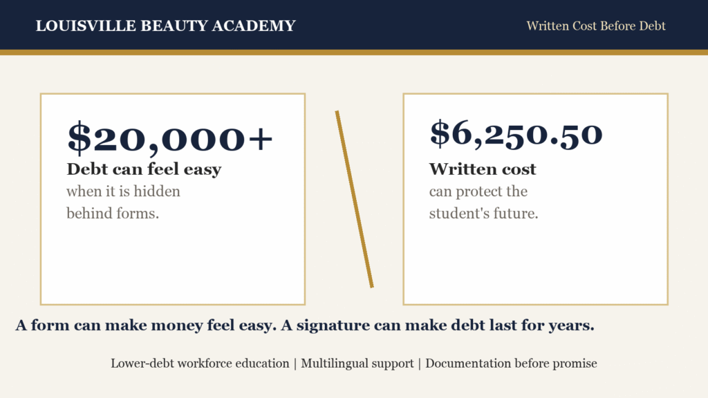 Written cost before debt comparison for beauty education and student loan clarity