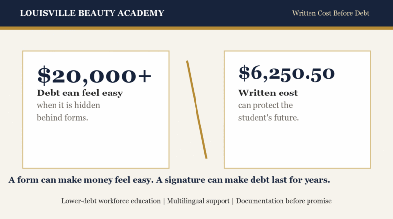 Written cost before debt comparison for beauty education and student loan clarity