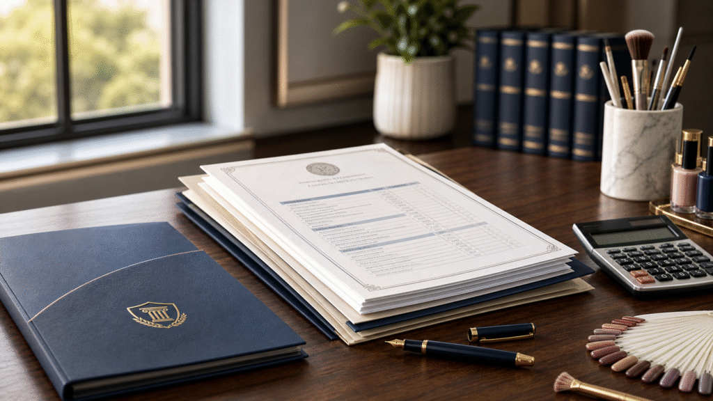 Institutional visual of enrollment paperwork, student transcript, calculator, and beauty education tools representing transparent finance and student protection.