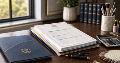 Institutional visual of enrollment paperwork, student transcript, calculator, and beauty education tools representing transparent finance and student protection.
