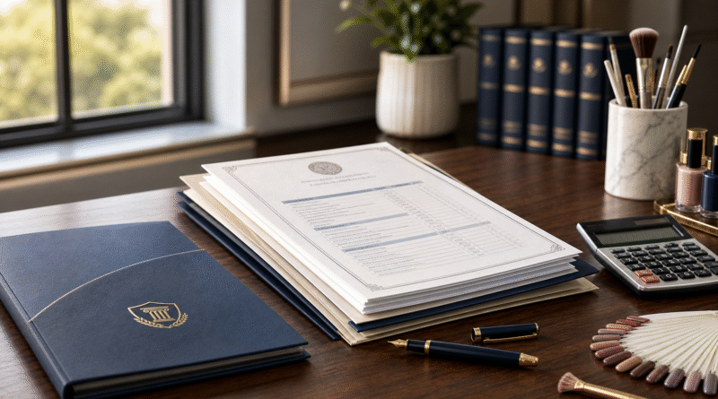 Institutional visual of enrollment paperwork, student transcript, calculator, and beauty education tools representing transparent finance and student protection.