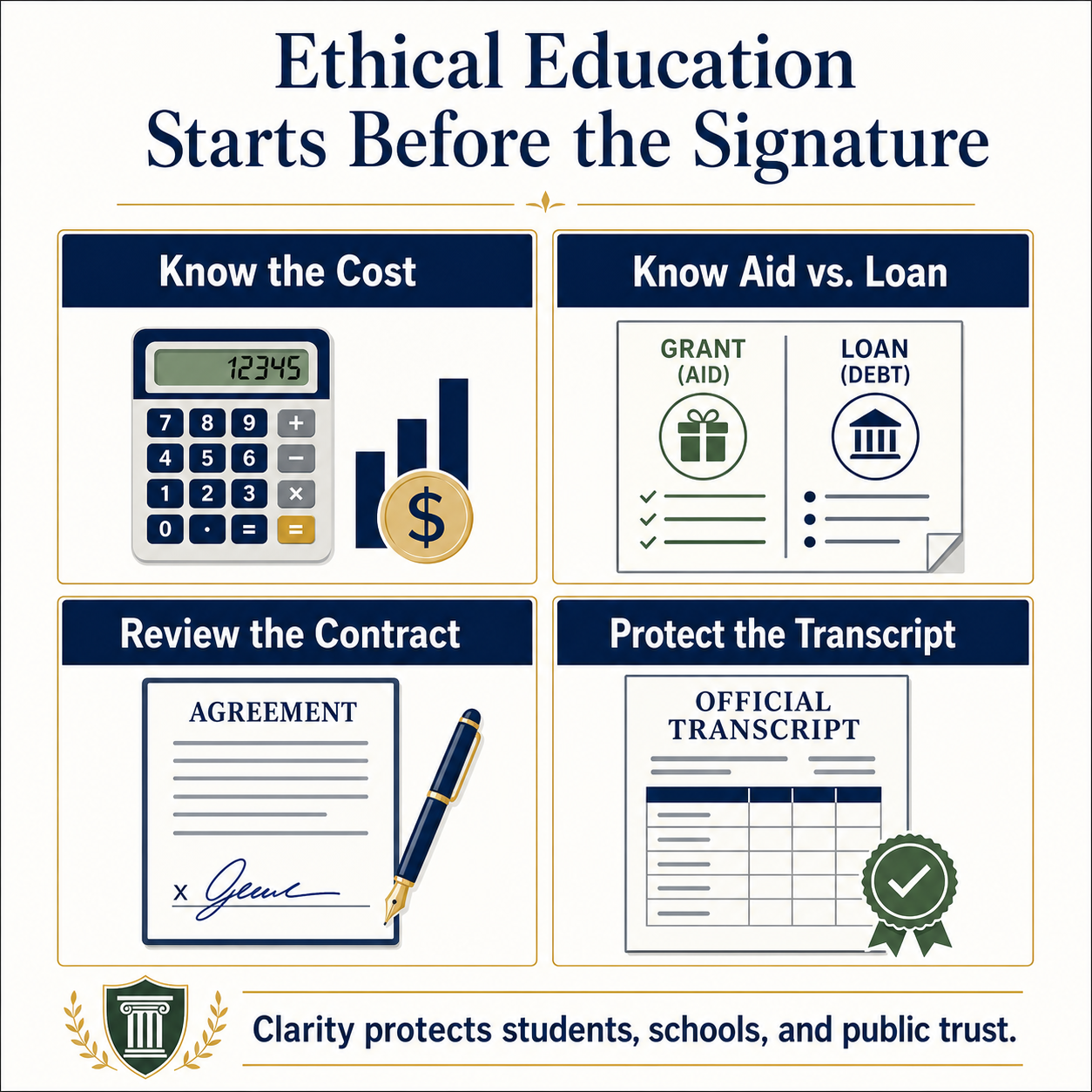 Infographic explaining ethical education through cost clarity, aid versus loan clarity, contract review, and transcript protection.