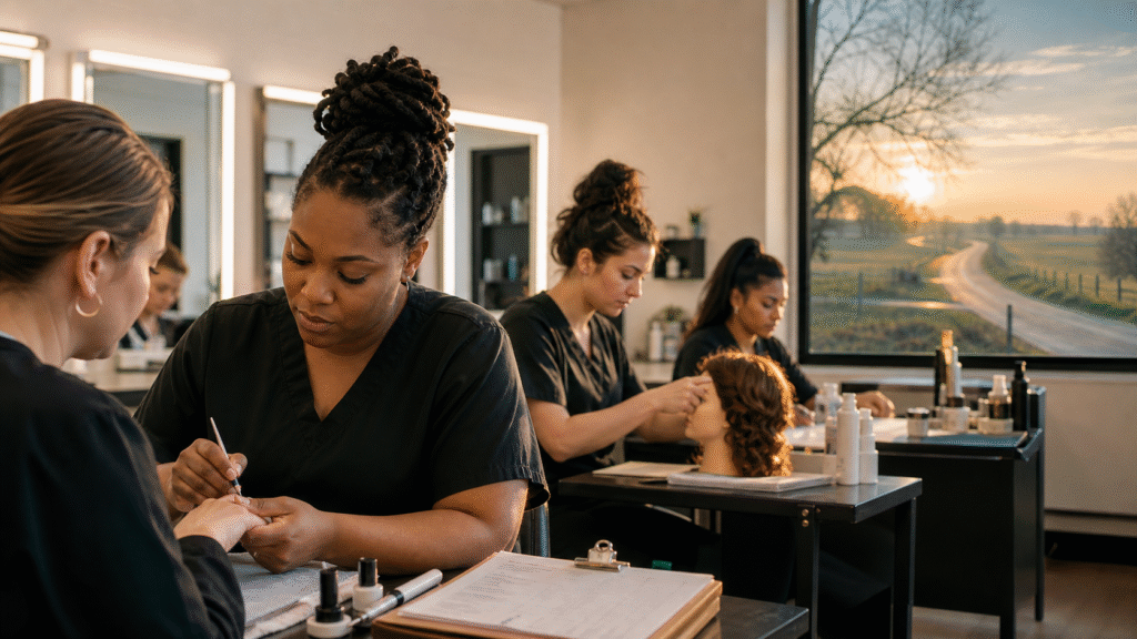 Editorial image of adult beauty students practicing hands-on skills, symbolizing real attendance, self-pay education, long commutes, and public-dollar transparency.