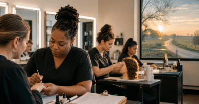 Editorial image of adult beauty students practicing hands-on skills, symbolizing real attendance, self-pay education, long commutes, and public-dollar transparency.