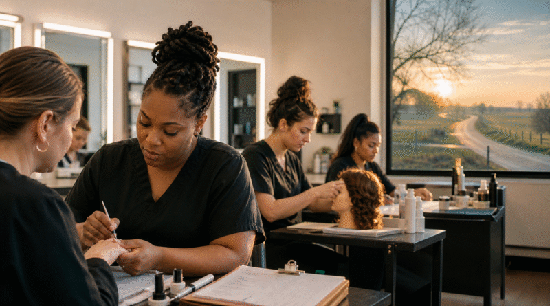 Editorial image of adult beauty students practicing hands-on skills, symbolizing real attendance, self-pay education, long commutes, and public-dollar transparency.