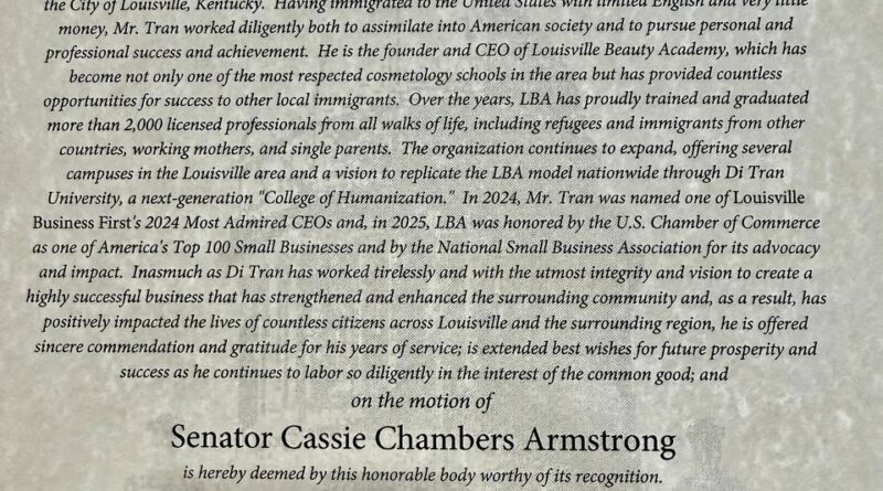 Kentucky Senate recognition honoring Di Tran on the motion of Senator Cassie Chambers Armstrong, dated July 13, 2026.