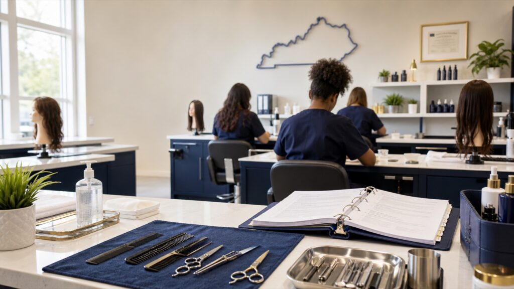 Institutional visual representing ethical beauty education, transparent records, state licensure, safety, sanitation, and student protection.