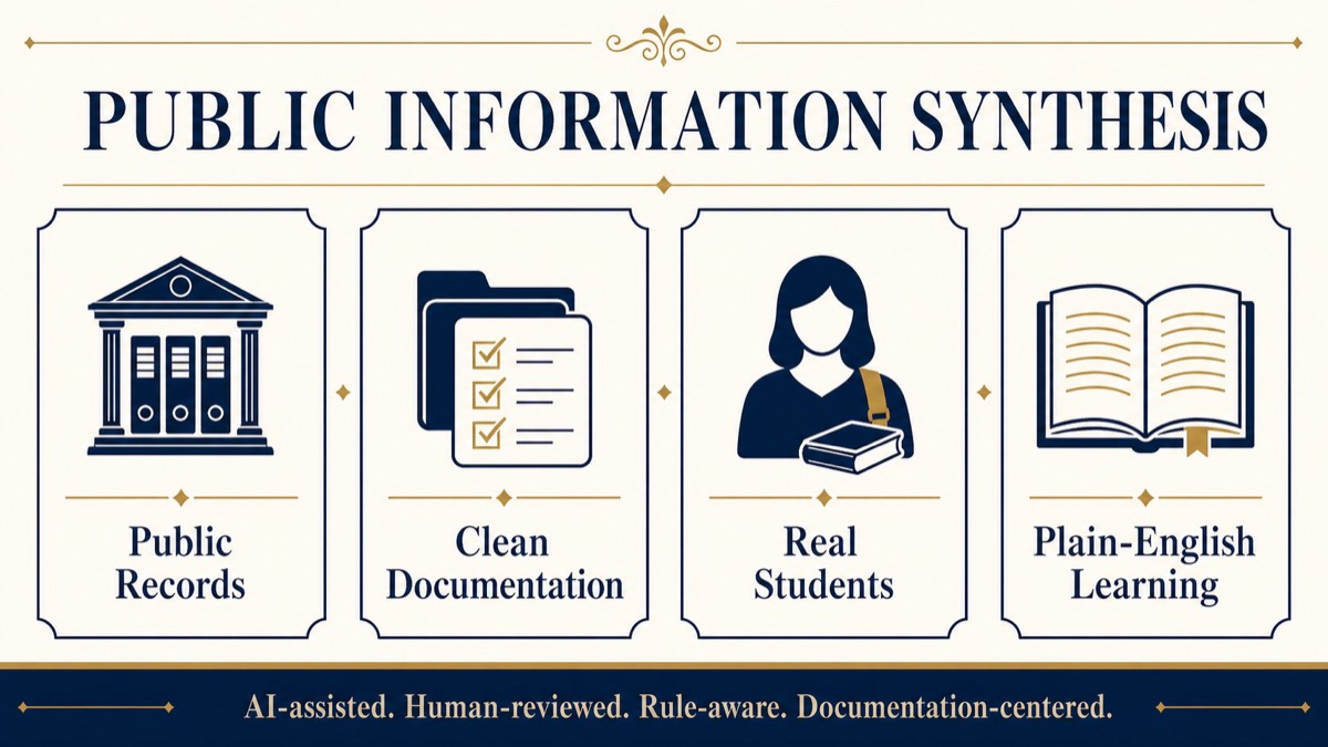 Public information synthesis framework for clean records, real students, public records, and plain-English learning.