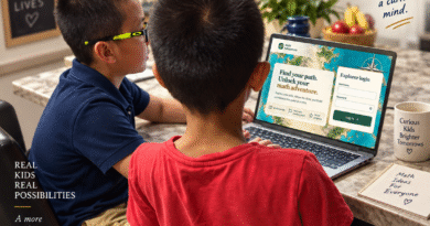 Jayden Tran, 12, launches the free Math Adventure learning app in Louisville, Kentucky, with young family members gathered around a laptop.