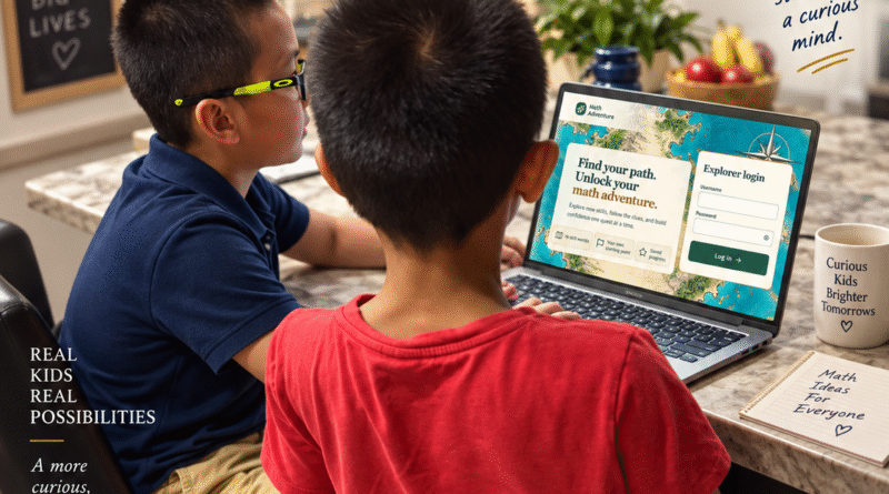 Jayden Tran, 12, launches the free Math Adventure learning app in Louisville, Kentucky, with young family members gathered around a laptop.
