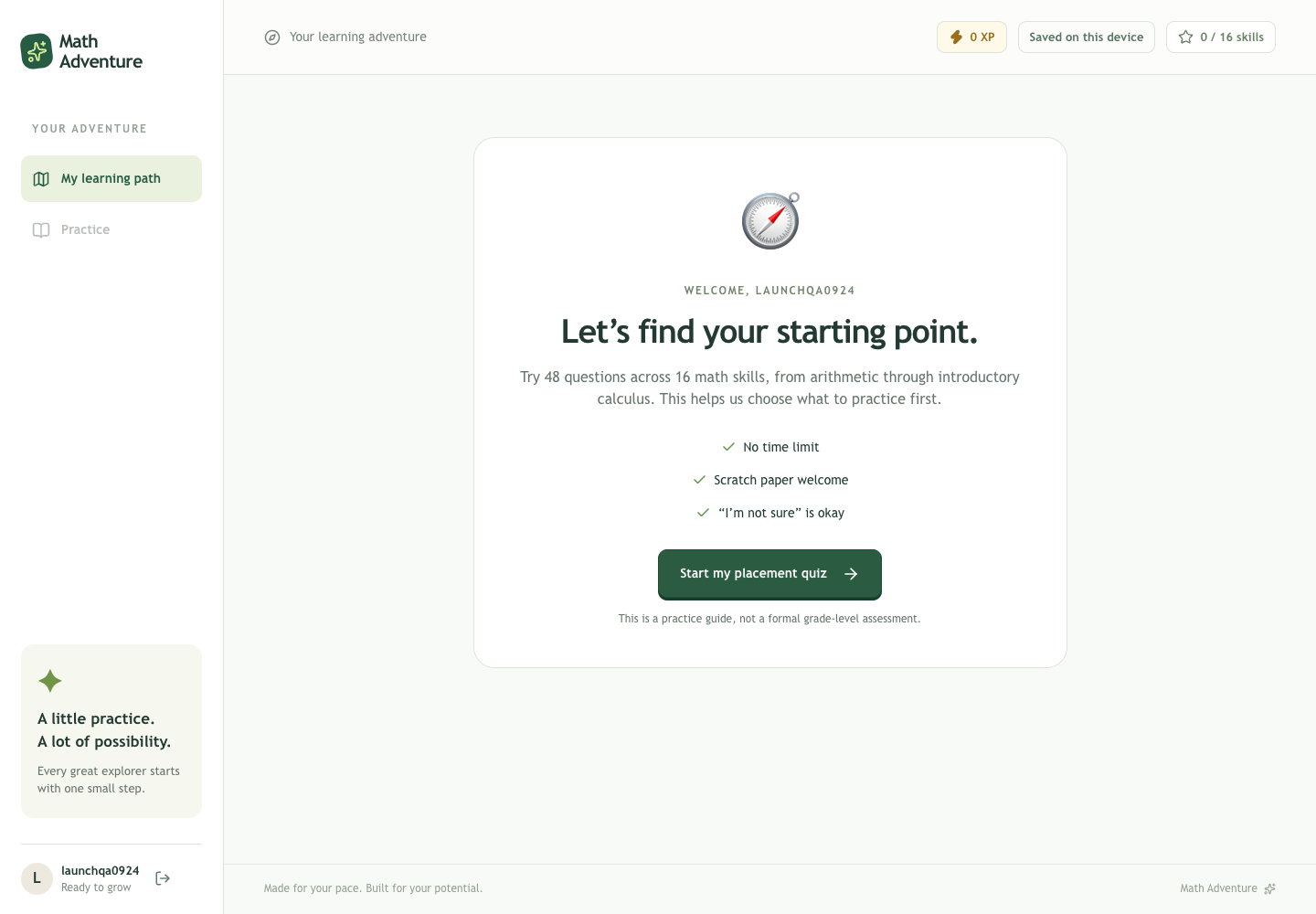 Live Math Adventure dashboard showing the 48-question starting-point experience