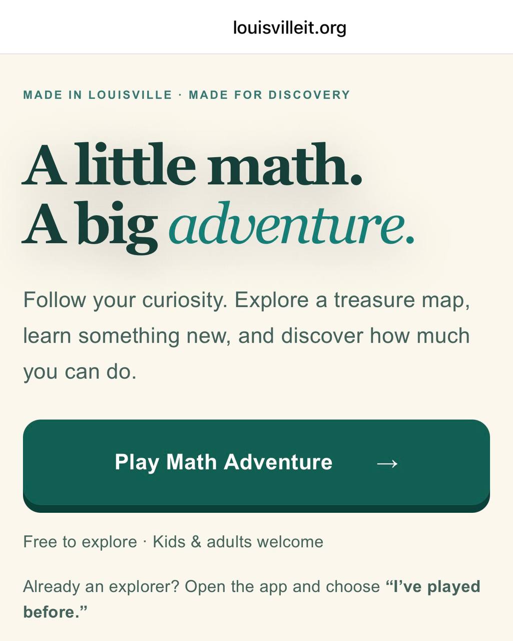Live Math Adventure landing screen with a Play Math Adventure button