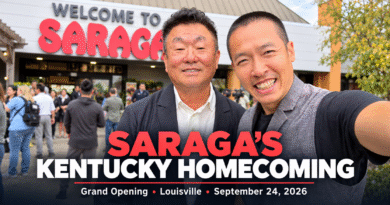 Louisville entrepreneur Di Tran with a Saraga family-business leader at the September 24, 2026 grand opening of Saraga International Grocery’s first Kentucky store.
