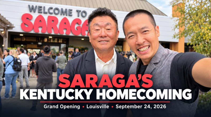 Louisville entrepreneur Di Tran with a Saraga family-business leader at the September 24, 2026 grand opening of Saraga International Grocery’s first Kentucky store.