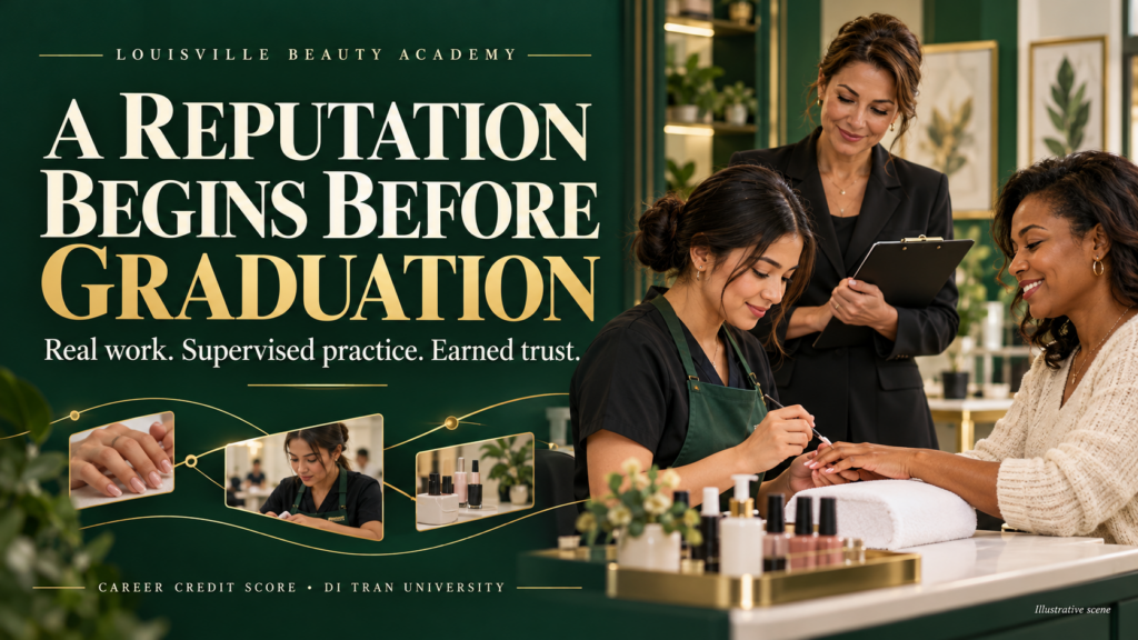 A Reputation Begins Before Graduation: Real work, supervised practice, earned trust. AI-generated illustration of a beauty student practicing a manicure with an instructor observing.