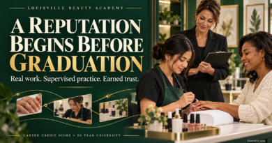 A Reputation Begins Before Graduation: Real work, supervised practice, earned trust. AI-generated illustration of a beauty student practicing a manicure with an instructor observing.