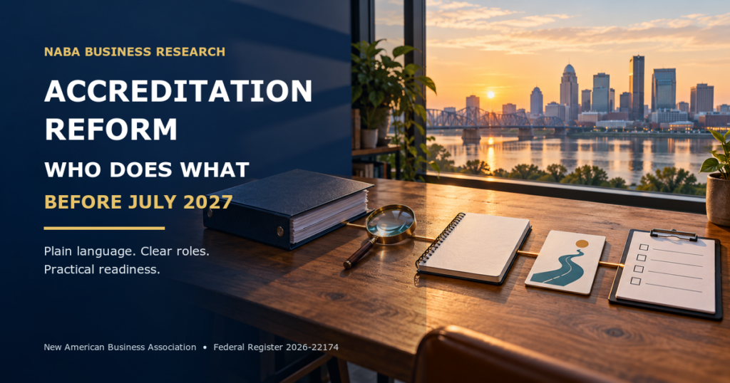 Louisville skyline at sunrise beyond a small-business evidence desk, with the title Accreditation Reform: Who Does What Before July 2027.