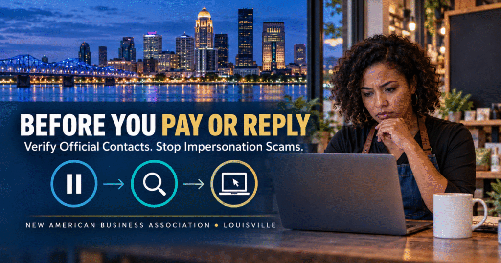 Louisville skyline and a small-business owner verifying an online contact before paying or replying