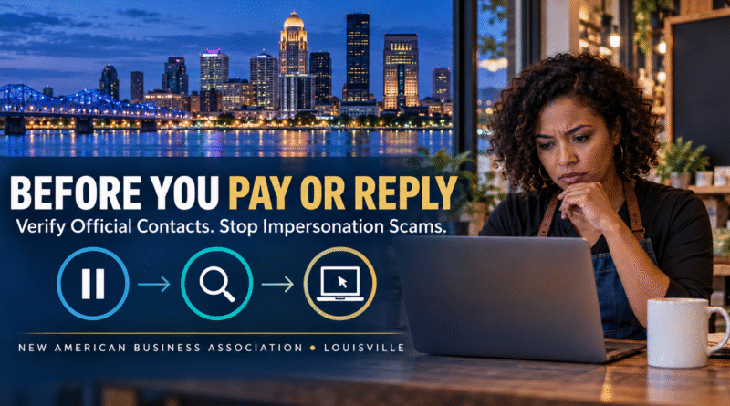 Louisville skyline and a small-business owner verifying an online contact before paying or replying