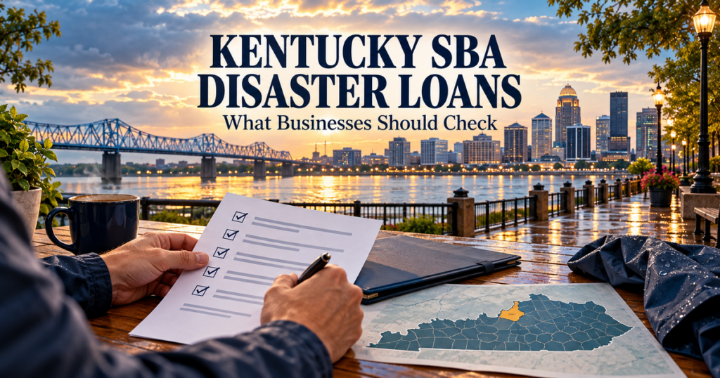 Louisville waterfront after rain with a Kentucky checklist and map motif; headline reads KENTUCKY SBA DISASTER LOANS.