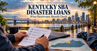 Louisville waterfront after rain with a Kentucky checklist and map motif; headline reads KENTUCKY SBA DISASTER LOANS.