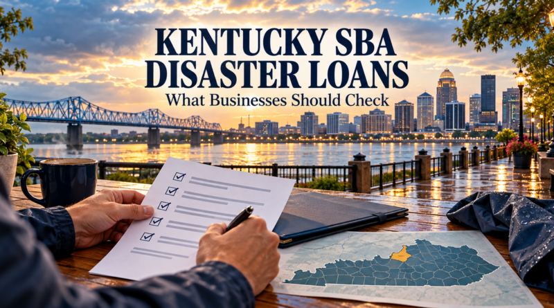 Louisville waterfront after rain with a Kentucky checklist and map motif; headline reads KENTUCKY SBA DISASTER LOANS.