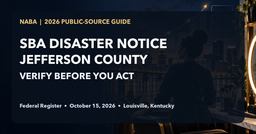 Louisville skyline at dusk behind a dark editorial panel reading SBA Disaster Notice, Jefferson County, Verify Before You Act, Federal Register October 15 2026, and Louisville Kentucky.