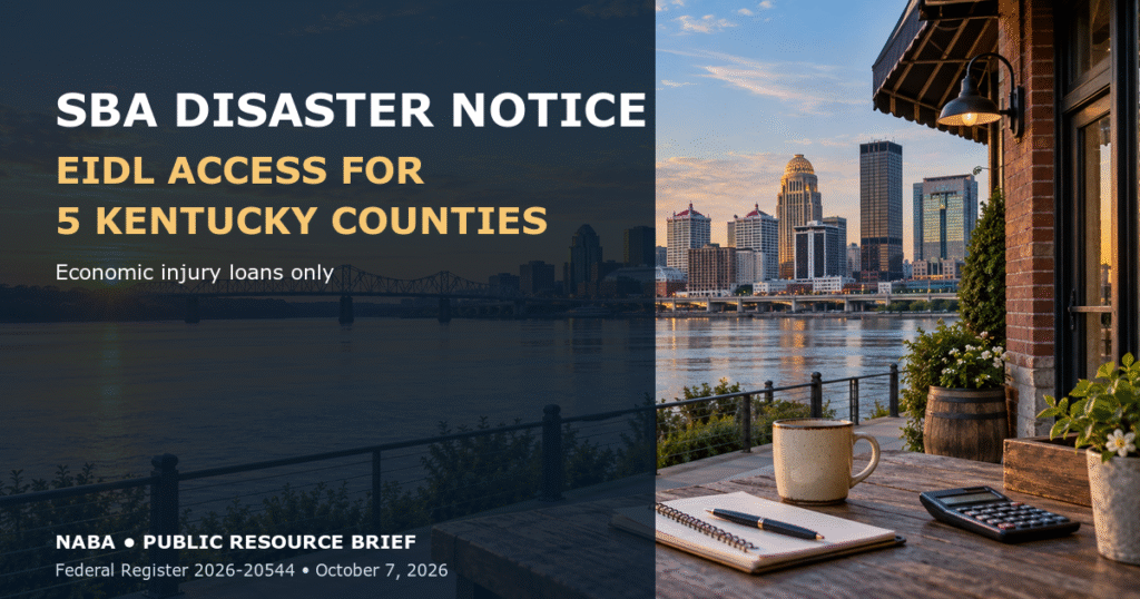 Louisville skyline and Ohio River at sunrise with an editorial headline about EIDL access for five Kentucky counties